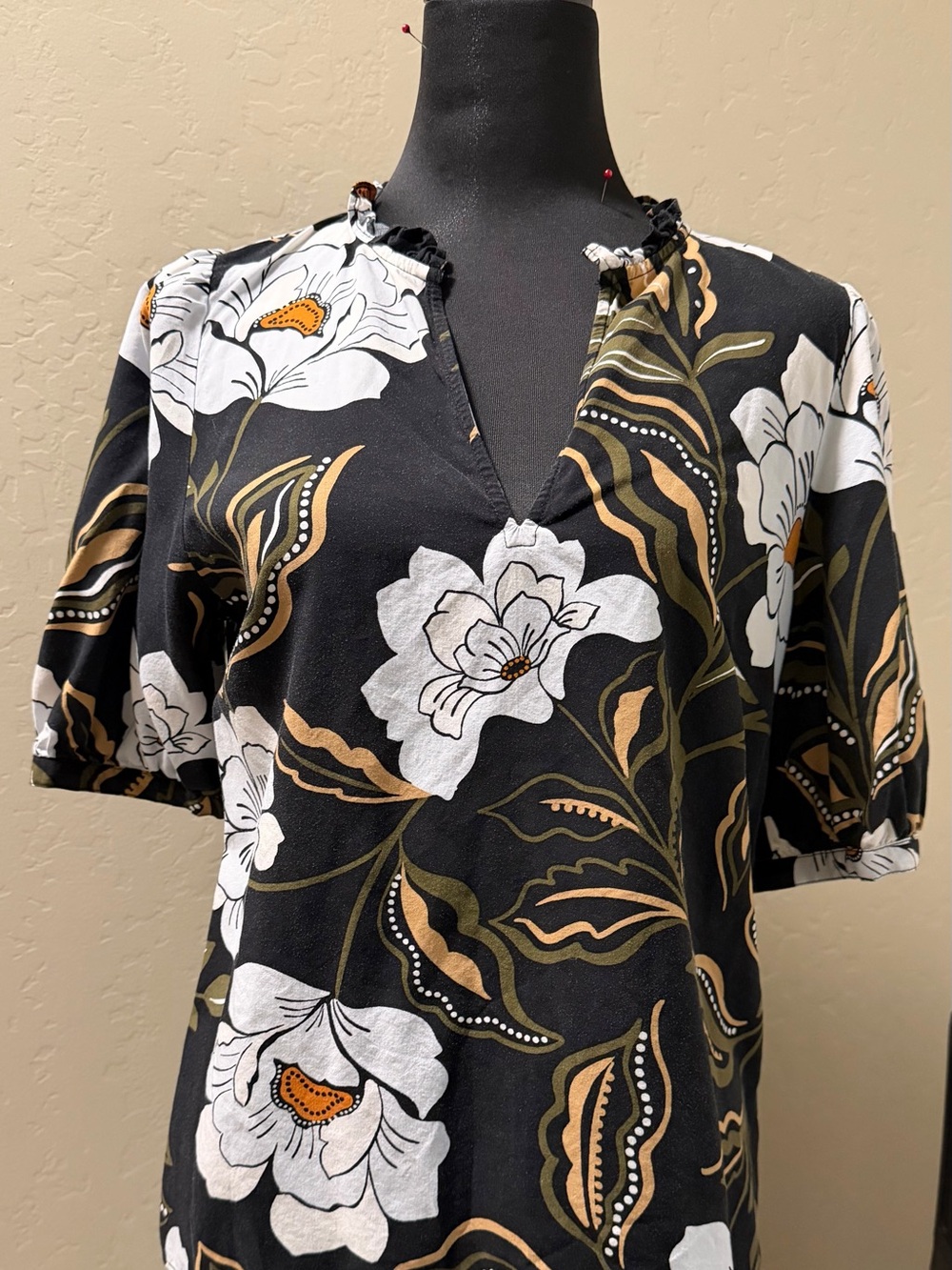 Ann Taylor Factory Black Floral Top with White and Olive Accents